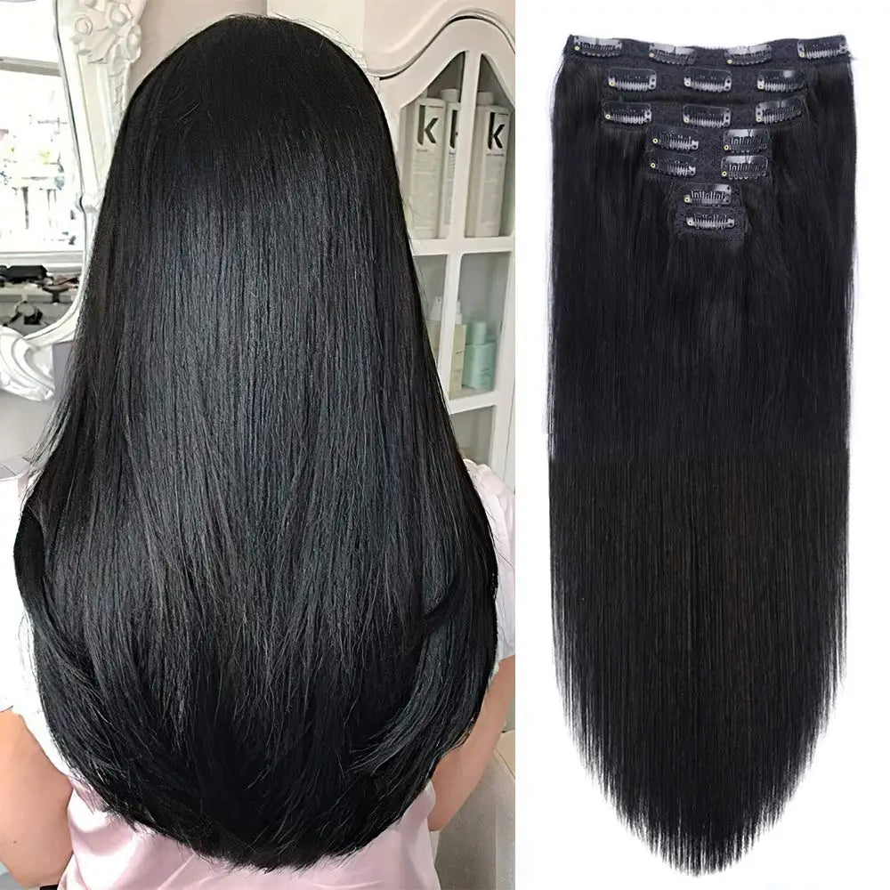 Clips de cabello pelo humano liso en extension 100% natural, cabello virgen negro natural. 22 broches