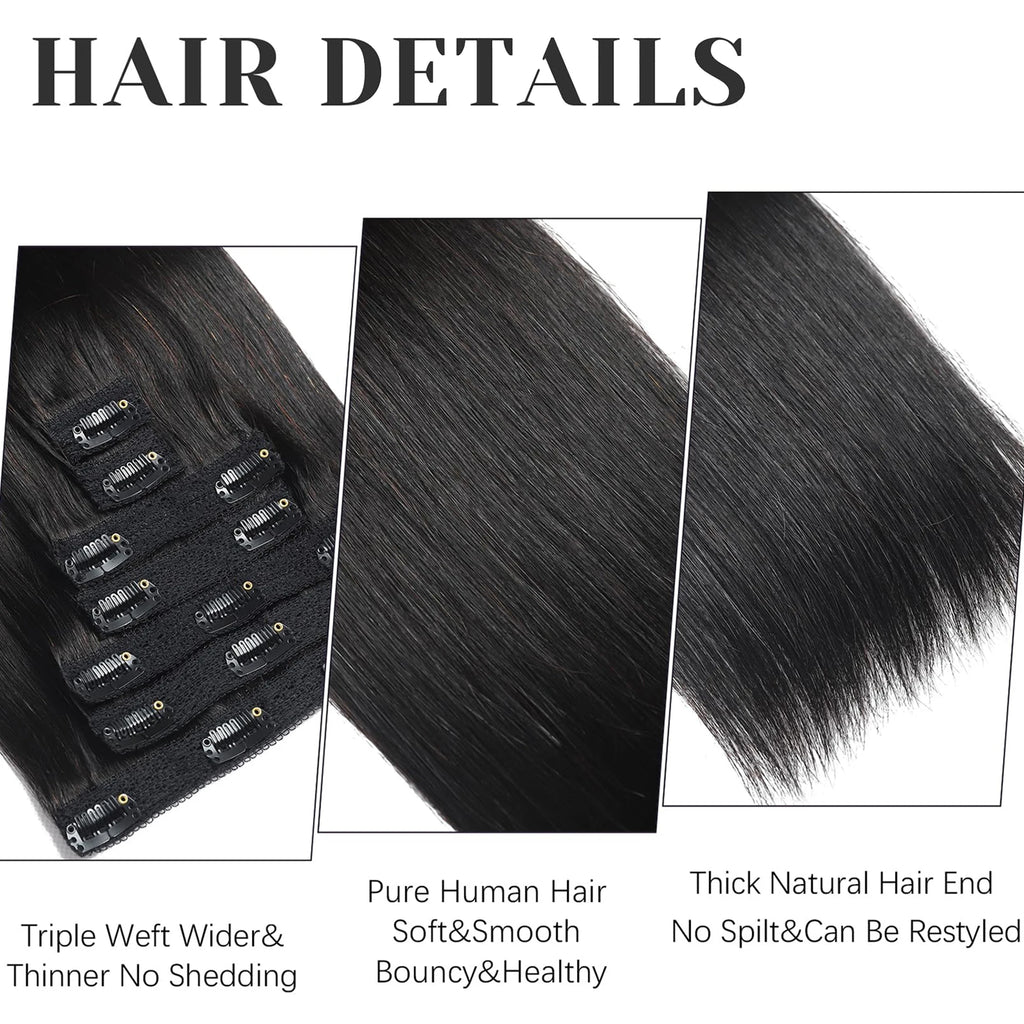 Clips de cabello pelo humano liso en extension 100% natural, cabello virgen negro natural. 22 broches