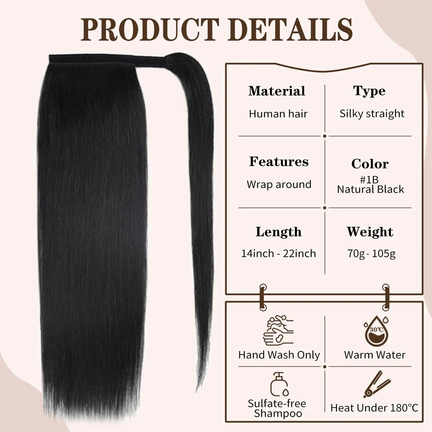 Extension de coleta con clip, cabello humano 70g negro natural 100%