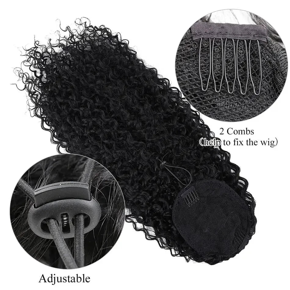 Coleta con cordón y clip, cabello humano negro natural rizado