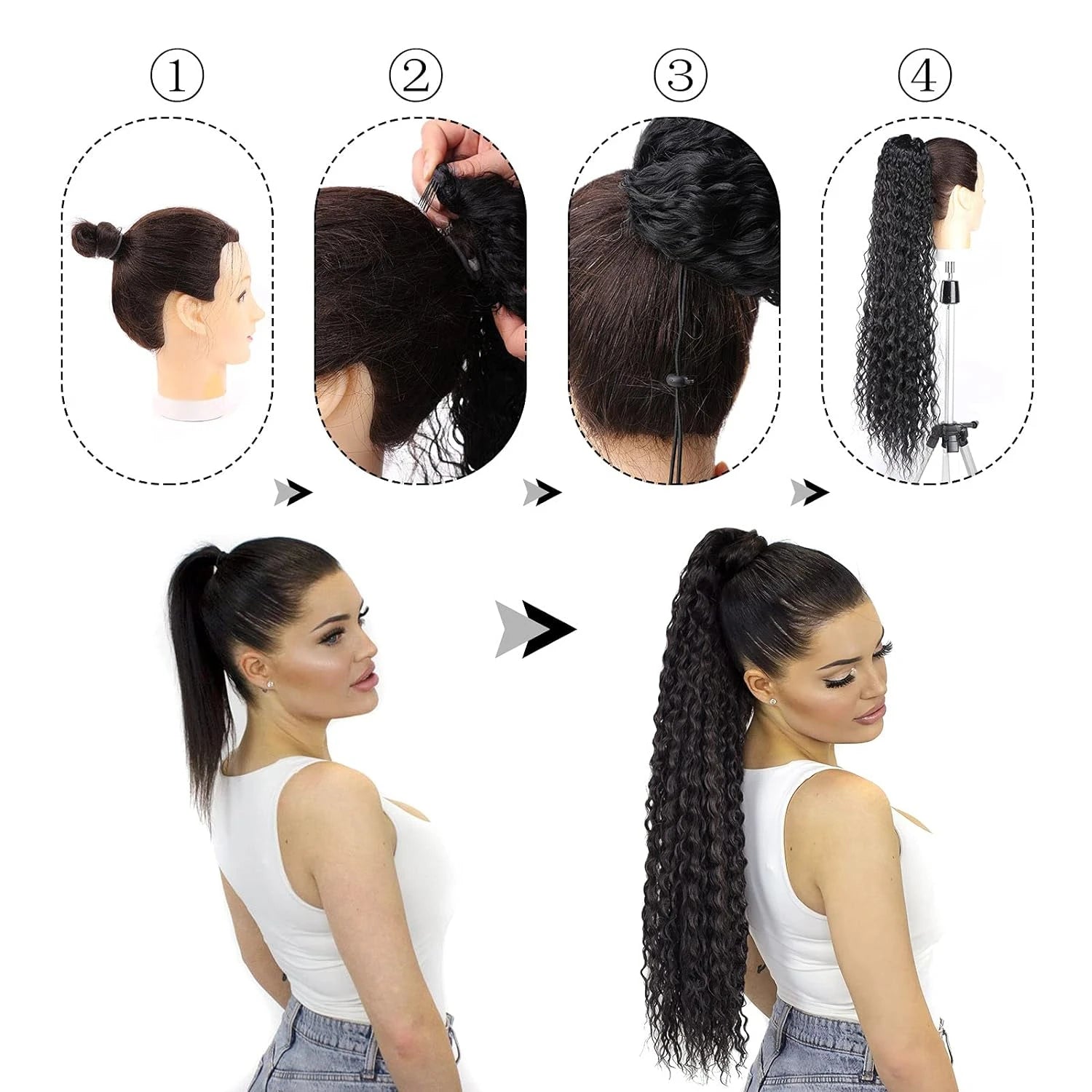 Coleta con cordón y clip, cabello humano negro natural rizado